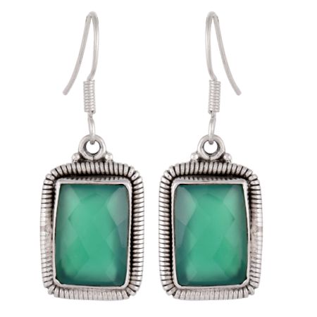 92.5 Sterling Silver Green Agate Earrings Rectangular Border Girlfriend Gift