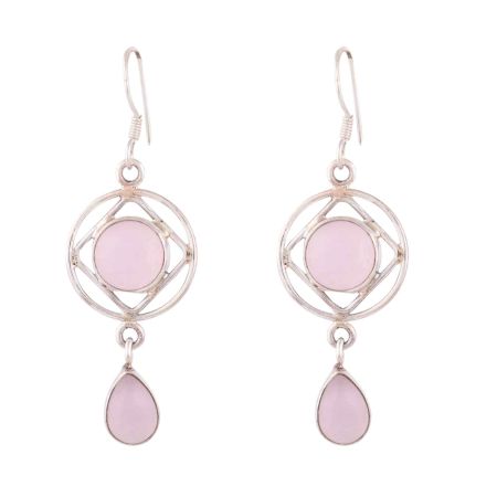 92.5 Sterling Silver Earrings Moden Design Pink Crystal Rose Quartz