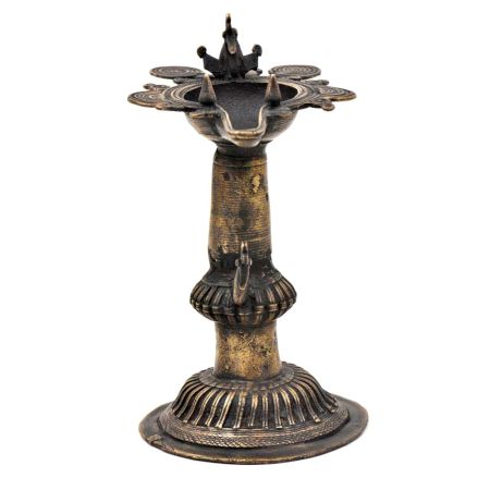 Brass Dhokra oil Lamp/ Samai With Engraved Design And Peacock Figurines
