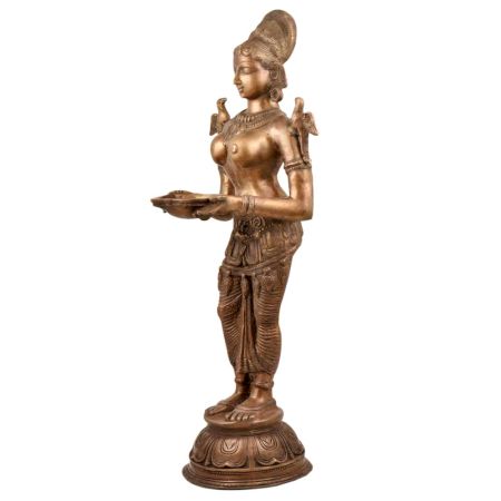Brass Deepa Laxmi Holding Diya With Parrots On Her Shoulders