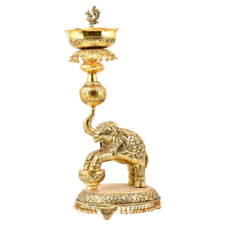 Tall  Artistic Oil Lamp With Elephant Peacock Figurines Leaves and Ghungroos