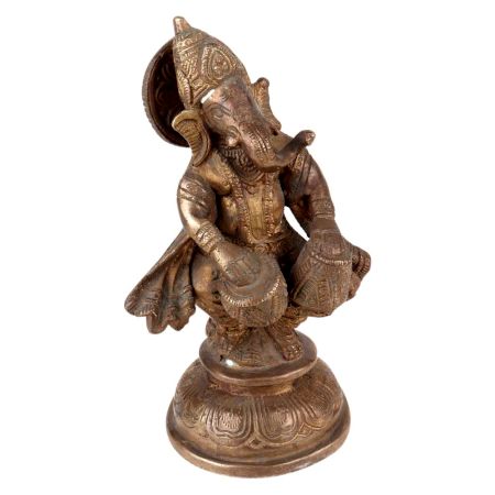 Standing Brass Ganesha Statue With Musical Instrument (Dholak )Decorative Showpiece