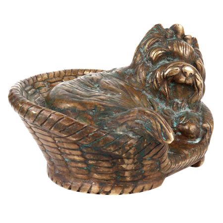 Brass Yorkshire Terrier Dog Sitting In A Basket Statue