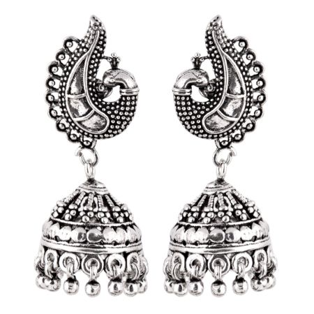 Peacock 92.5 Sterling Silver Earrings Engraved  Jhumkis