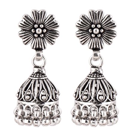 92.5 Sterling Silver Earrings Oxidized Flower Stud Tribal Jhumka/Jhumki With Silver Beads