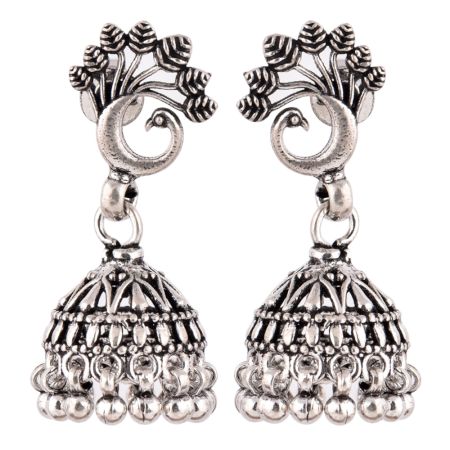 92.5 Sterling Silver Earrings Dancing Peacock Feathers Stud Jhumkis Party Wear