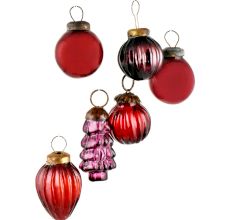 Set of 6 Handmade Red And Purple Mini Christmas Ornaments In Assorted Styles