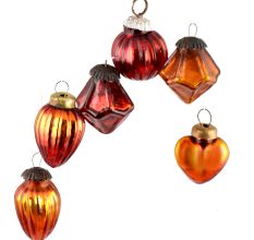 Set of 6 Handmade Red And Sunset Orange Mini Christmas Ornaments In Assorted Styles