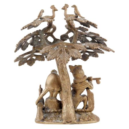 Brass Radha Krishna Sitting Under Tree with Peacock And Cow Metal Showpiece