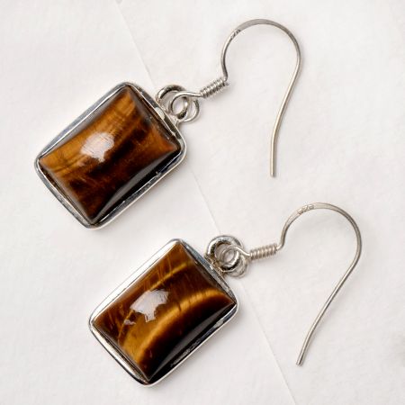 92.5 Sterling Silver Earrings Square Contemporary Tiger Eye Hanging Hook Earrings