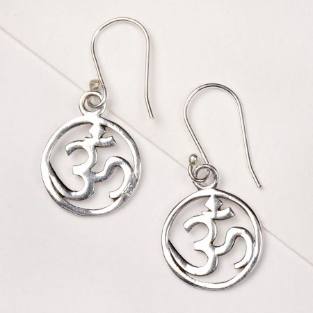92.5 Sterling Silver Dangle Earrings Om Symbol In Delicate Round Frame