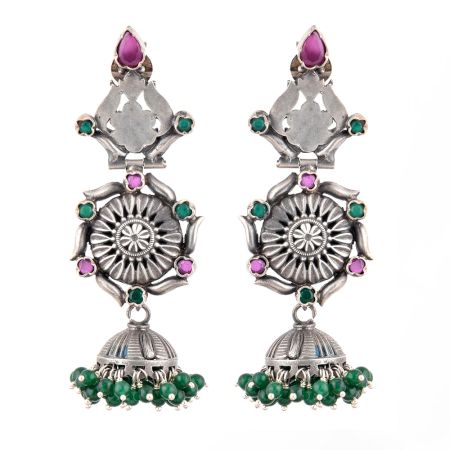 92.5 Sterling Silver Earrings Long Intricate Pink Tourmaline And Green Onyx Studded Jhumkas