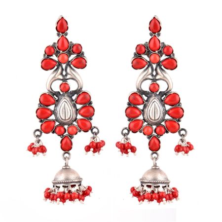 92.5 Stling Silver Earrings Dangler Jhumkis With Red Coral Stones
