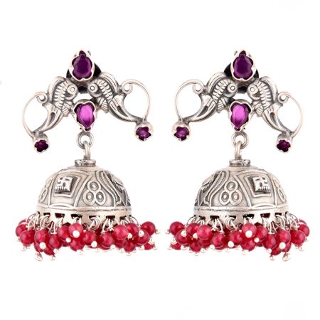 92.5 Sterling Silver Earrings Twin Peacock Oxidized Pink Tourmaline Jhumki Earrings