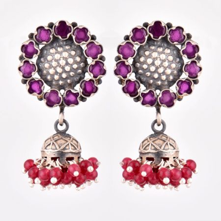 92.5 Sterling Silver Earrings Sunflower Design In Pink Tourmaline Designer Wear Earrings