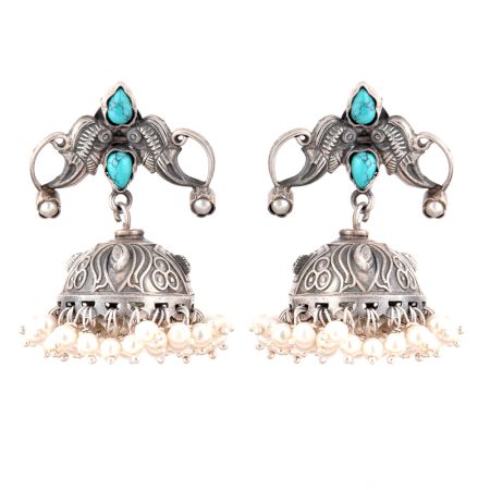 92.5 Sterling Silver Earrings Twin Peacock Oxidized Turquoise Jhumki Earrings
