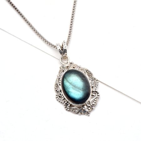 92.5 Sterling Silver Pendant Labradorite Semi Precious Stone Engraved Border