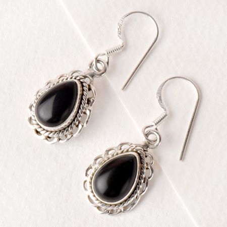92.5 Sterling Silver Earrings Black Oval Cabochon Engraved Border Drop Earrings