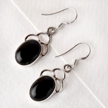 92.5 Sterling Silver Earrings Big Oval Black Onyx Cabochon Designer Earrings