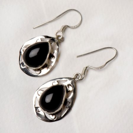 92.5 Sterling Silver Earrings Oval Black Onyx Cabochon Framed Border