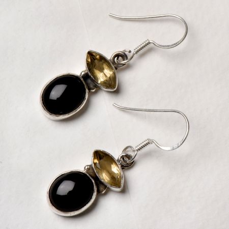 92.5 Sterling Silver Earrings With Oval Citrine And Black Round Onyx Dangler Earrings
