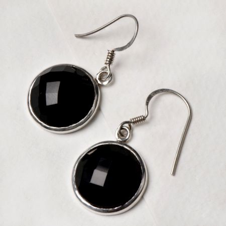 92.5 Sterling Silver Earrings Round Onyx Stone With Ring Border Drop Earrings
