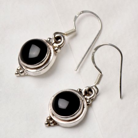 92.5 Sterling Silver Earrings Single Round Black Onyx Bezel Set Drop Earrings