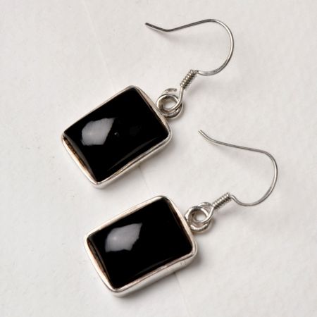 92.5 Sterling silver Earrings Square Shaped Bezel Set Black Onyx Hanging Earrings