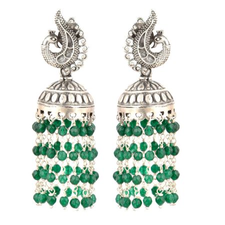92.5 Sterling Silver Earrings Peacock Stud Green Onyx Stones Chandelier Jhumkis