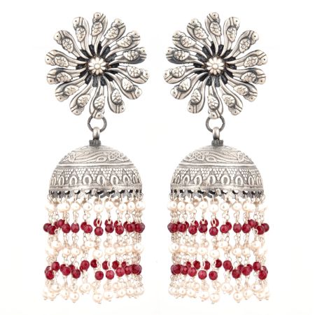 92.5 Sterling Silver Earrings Peacock Floral Stud Red Onyx Tassel Jhumkis For Women