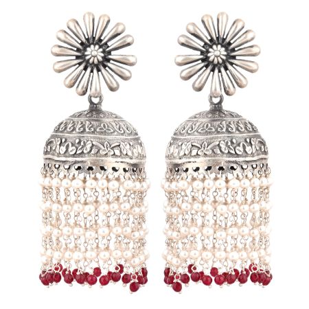 92.5 Sterling Silver Earrings Big Petals Flower Stud With Silver Beads And Red Onyx Beads Jhumkis