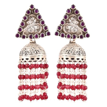 92.5 Sterling Silver Earrings  Amethyst Triangular Stud Red Onyx Tassel Jhumki Earrings