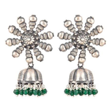 92.5 Sterling Silver Earrings Big Flower Jhumki Green Onyx tassel Hanging  Beads
