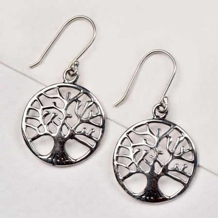 92.5 Sterling Silver Earrings Round Tree Of Life Drop Earrings
