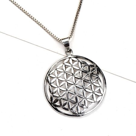 92.5 Sterling Silver Pendant Round Sacred Flower Of life In Hexagonal Design