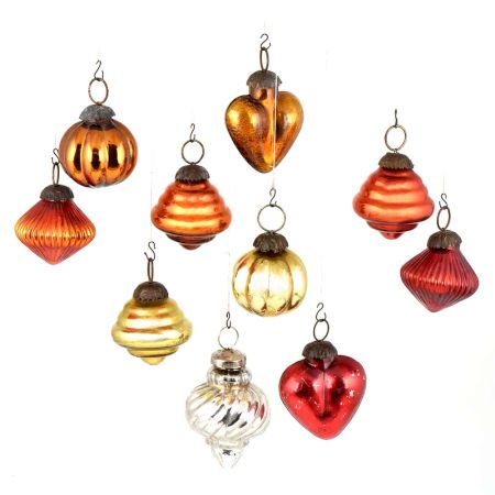 Set Of 10 Glass Christmas Ornaments In Fiery Orange And Assorted Styles