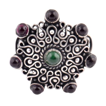 Oxidized 92.5 Sterling Silver Ring Adjustable With Onyx in centre and Amethyst Stone In Border (Free Size)