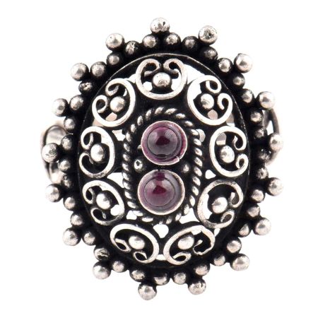 Oxidized 92.5 Sterling Silver Ring Adjustable Oval Engraved Amethyst Studded  Ring (Free Size)