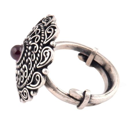 Oxidized 92.5 Sterling silver Ring Adjustable Amethyst Stone Studded  Floral and Paisley Design (Free Size)