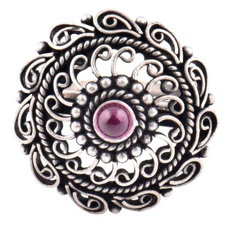 Oxidized 92.5 Sterling silver Ring Adjustable Amethyst Stone Studded Paisley Design (Free Size)
