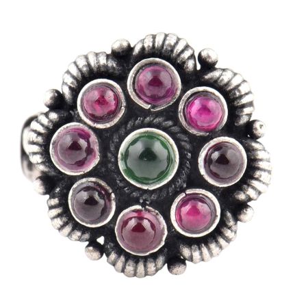 Oxidized 92.5 Sterling Silver Ring Adjustable Petals Round Amethyst And Onyx Studded Ring (Free Size)