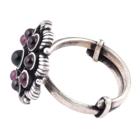 Oxidized 92.5 Sterling Silver Ring Adjustable Petals Round Amethyst And Onyx Studded Ring (Free Size)