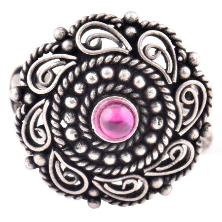 Oxidized 92.5 Sterling Silver Ring Adjustable Double Rope Parsley Amethyst Stone Studded Ring (Free Size)