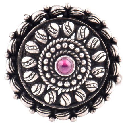 Oxidized 92.5 Sterling Silver Ring Adjustable Pears and Petals Design Around Amethyst Stone (Free Size)