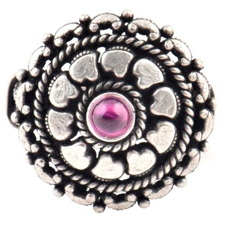Floral 92.5 Sterling silver Ring Heart Design With Embossed Motif In the Border (Free Size)