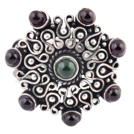 92.5 Sterling Silver Ring with Seven Amethyst Traditional Motifs And Green Onyx (Free Size)