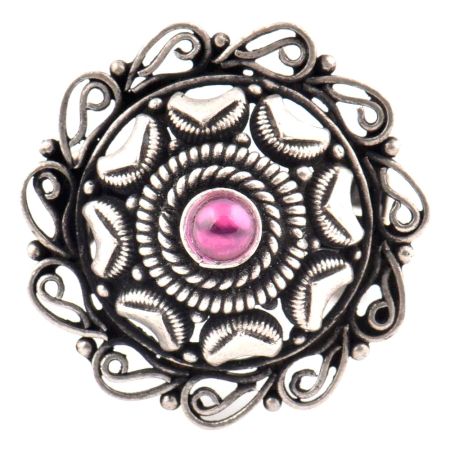 Oxidized 92.5 Sterling Silver Ring With Scroll Design Petals And Amethyst Stone (Free Size)