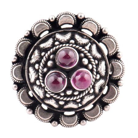 92.5 Sterling Silver Ring South Indian Embossed Design Studded With Amethyst Stones (Free Size)