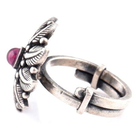 Thick Leaves 92.5 Sterling Silver  Ring Single Amethyst Floral Design Ring (Free Size)