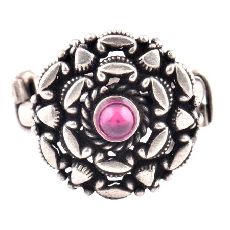 Indian 92.5 Sterling Silver Ring Embossed Design Around Round Amethyst Formal Wear Jewelry (Free Size)